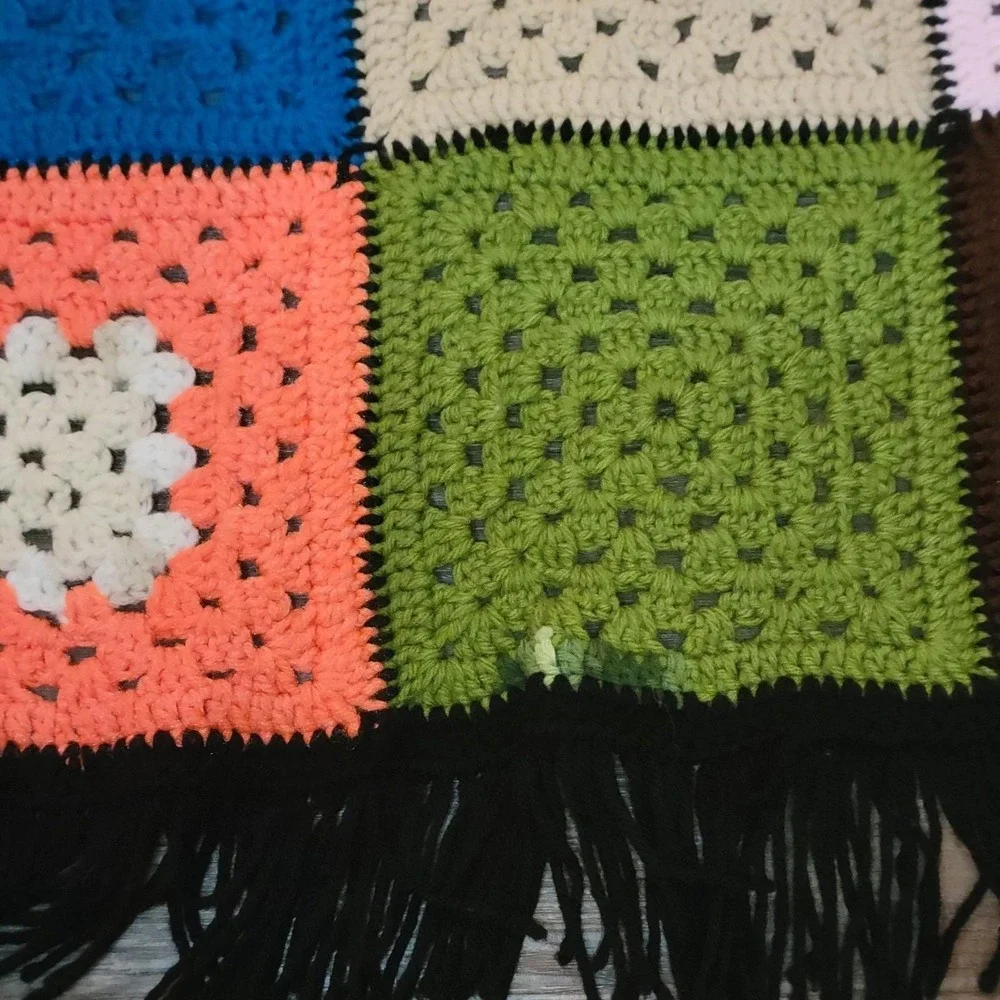 VTG Crochet Blanket Granny Square Fringe Afghan Throw 79x63